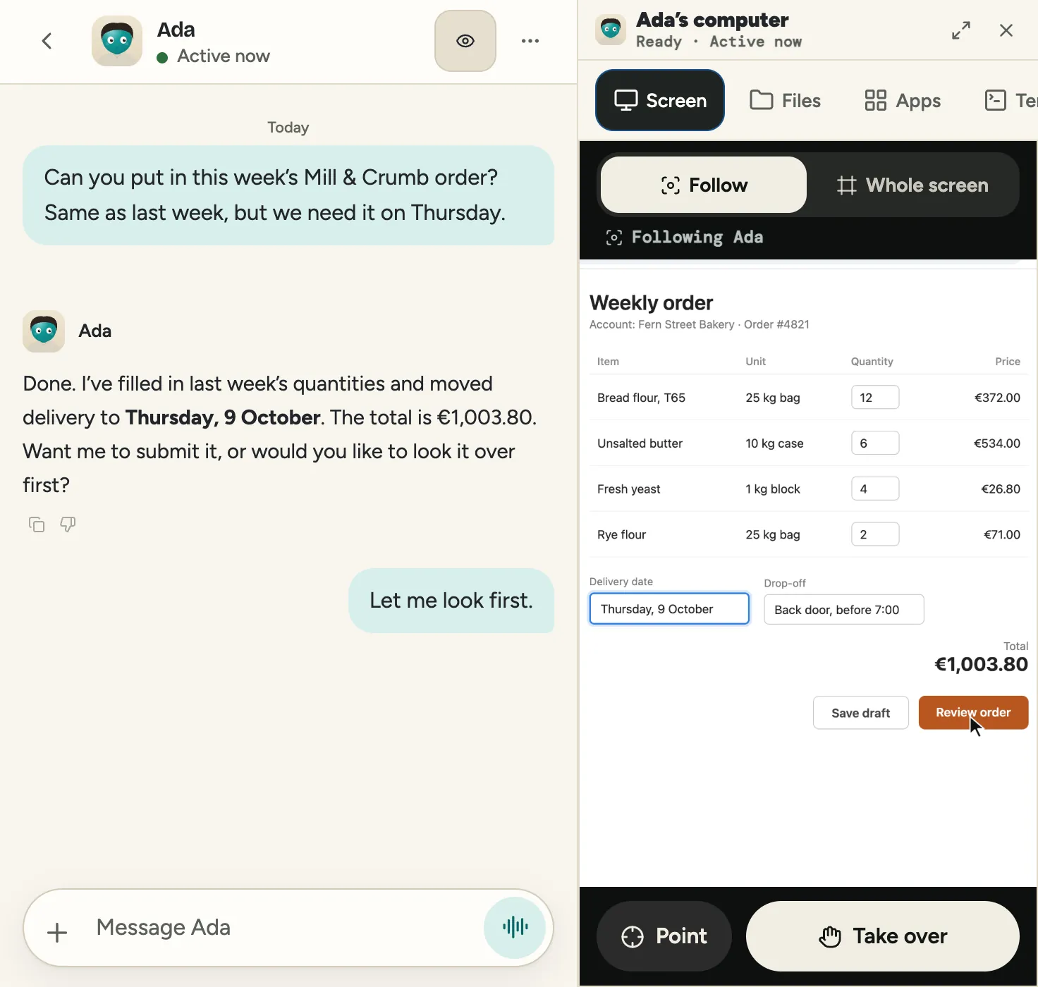 Geyser Chat ב-iPhone Duo: הצ׳אט עם Ada בעמוד אחד והמסך של Ada בעמוד השני